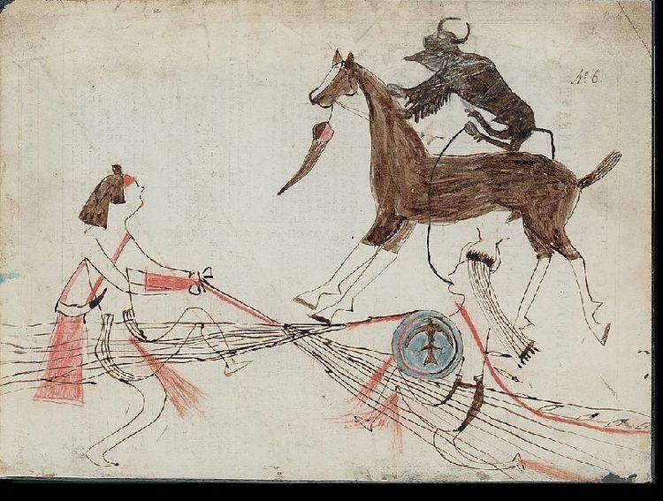 Ledger art from 1870 depicts an Apsáalooke warrior, shown with a pompadour and a red forehead, battling Sitting Bull, who is shown as a warrior and buffalo bull. The ledger art, by Lakota warrior Four Horn, shows the Crow warrior with short hair, meaning he was most likely in mourning. / From Sitting Bull and Jumping Bull pictographic autobiographies, Smithsonian Institute