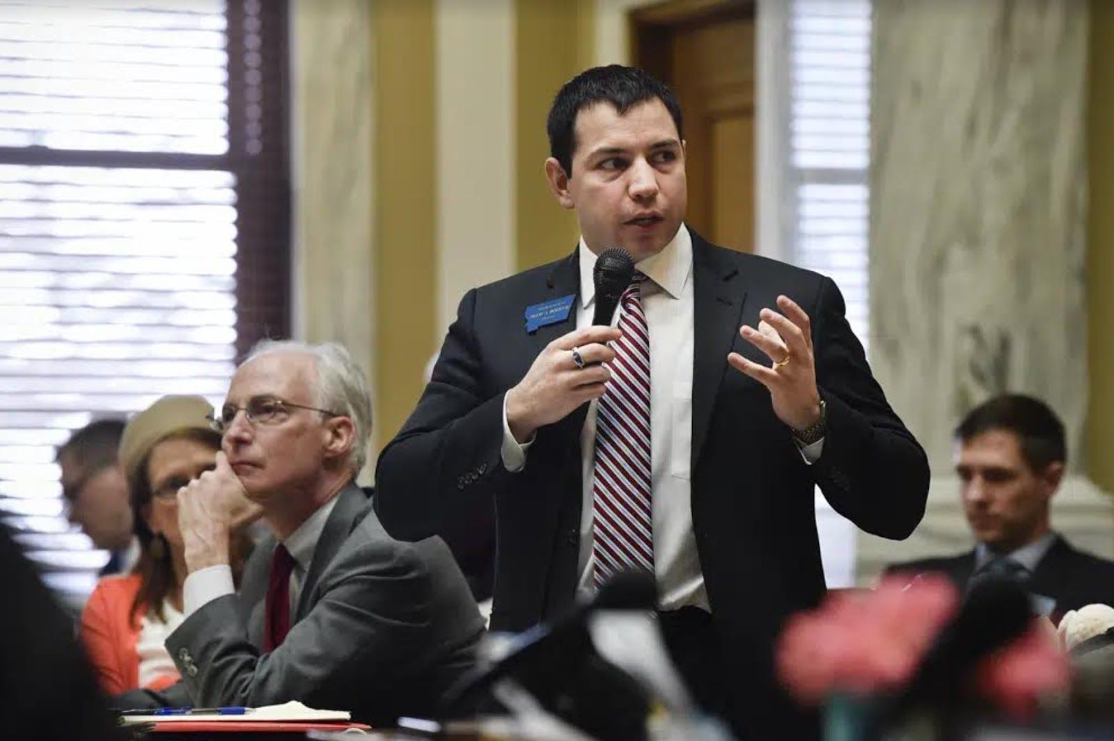 Montana Democratic Rep. Shane Morigeau, of Missoula, speaks on the floor of the state House during a legislative session on March 27, 2019, in Helena, Mont. Morigeau, now a state senator, is pushing back against a proposed legislative referendum that seeks to ask Congress to revisit the idea of Native American reservations. The draft of the bill became available on Jan. 2, 2023. / AP File Photo by Thom Bridge, The Independent Record