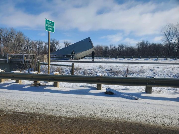 A semitruck went head first into the Little BigHorn River early Thursday, March 9. / Photo Courtesy of  Joshua Brien